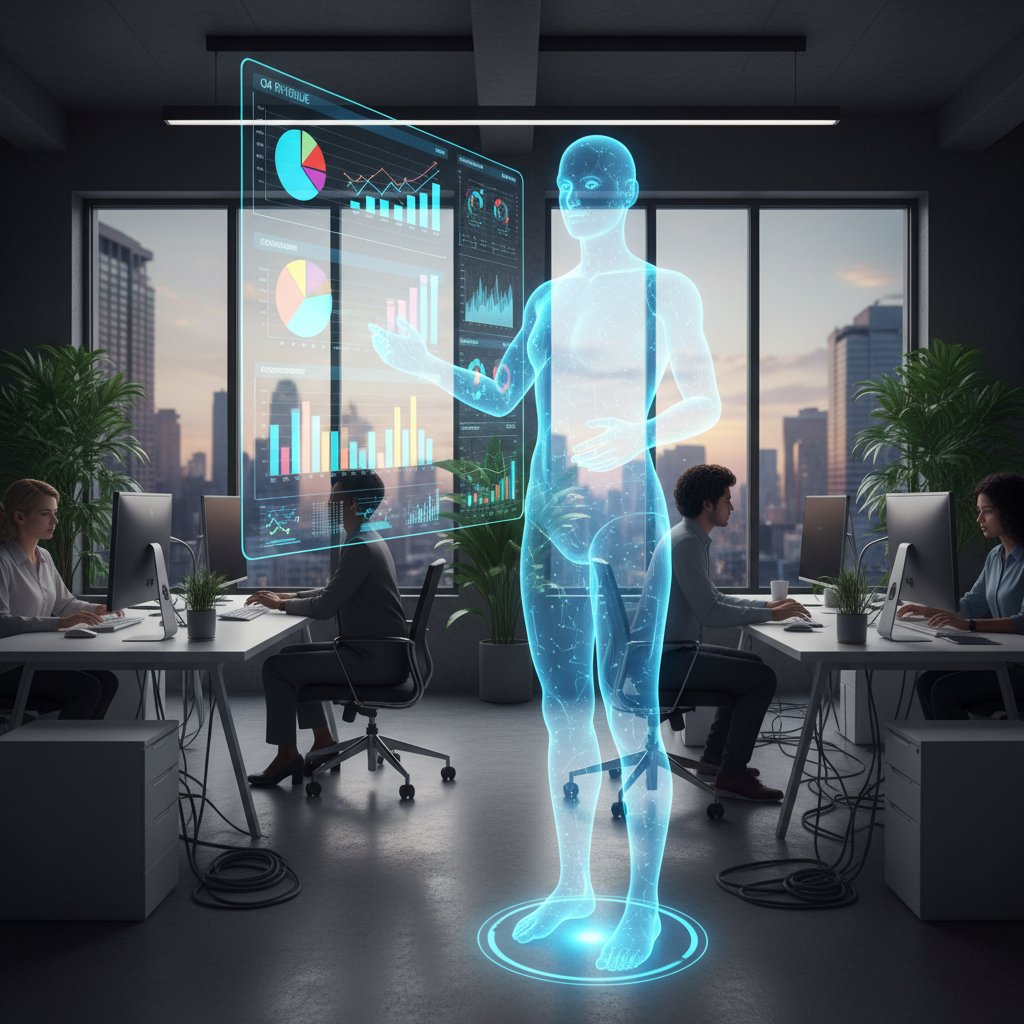 Wirtualny pracownik AI analizujący dane sprzedażowe na monitorze – nowoczesne zastosowania narzędzi online