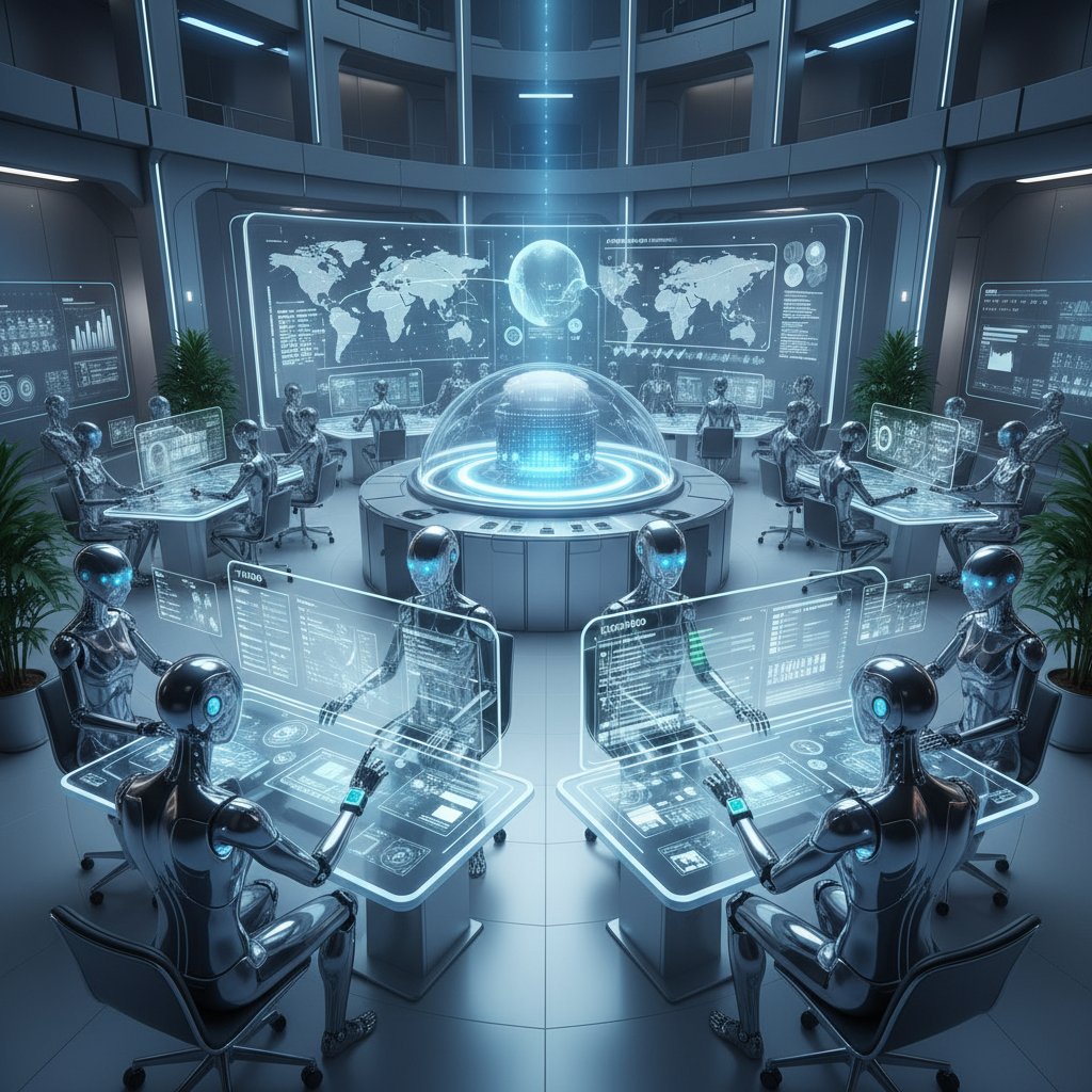 Wirtualni pracownicy AI zarządzający zadaniami w nowoczesnym biurze