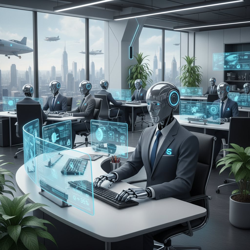 Nowoczesna firma z zespołem ludzi i ekranami, gdzie wirtualni pracownicy AI wspierają sprzedaż