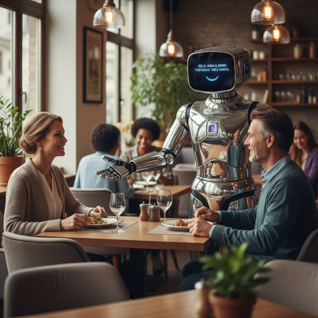 Kelner AI witający stałego klienta w restauracji, uśmiech, przyjazna atmosfera
