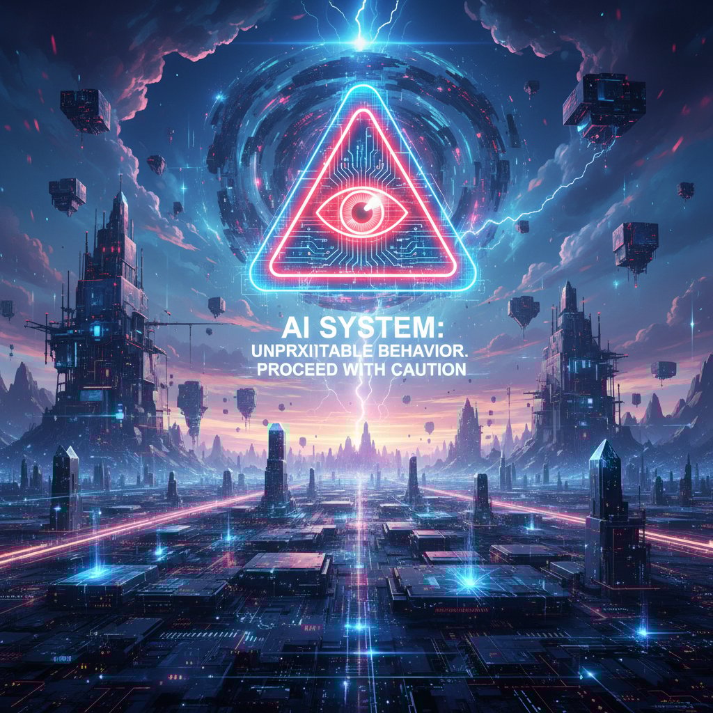 Ostrzegawczy znak dotyczący AI na tle cyfrowego krajobrazu