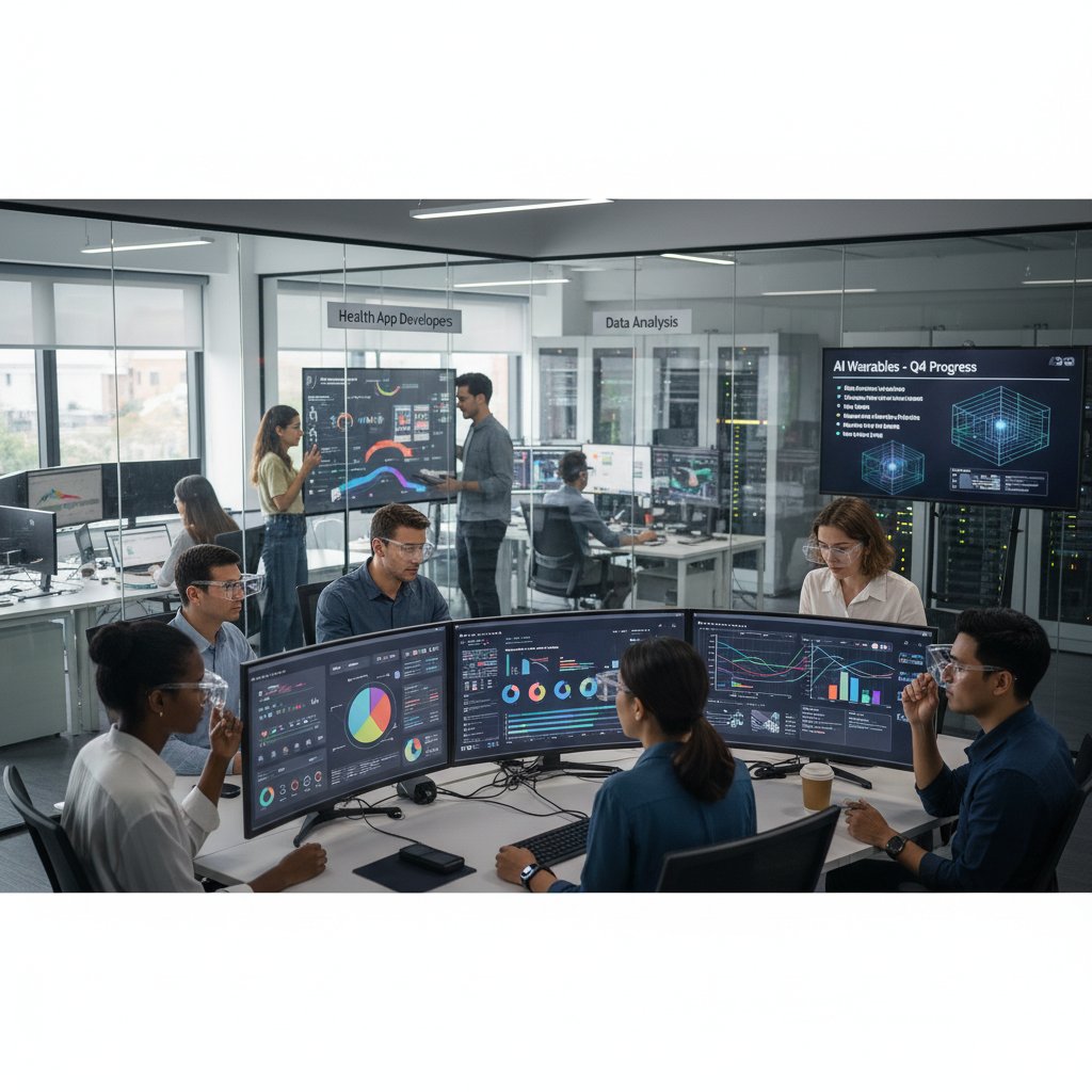 Zespół deweloperów aplikacji zdrowotnych testuje urządzenia wearables i analizuje dane AI