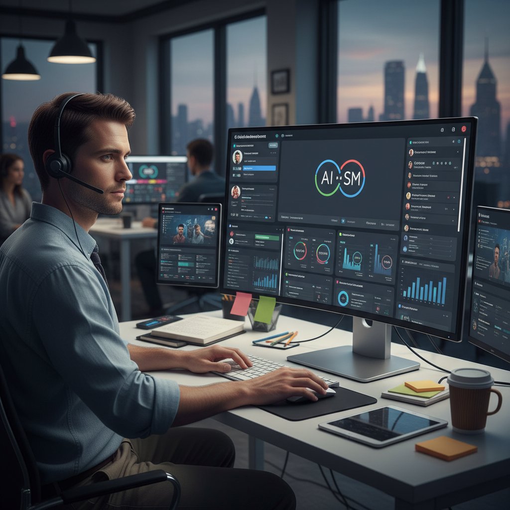 Wirtualny pracownik AI przy komputerze, zarządza profilami social media