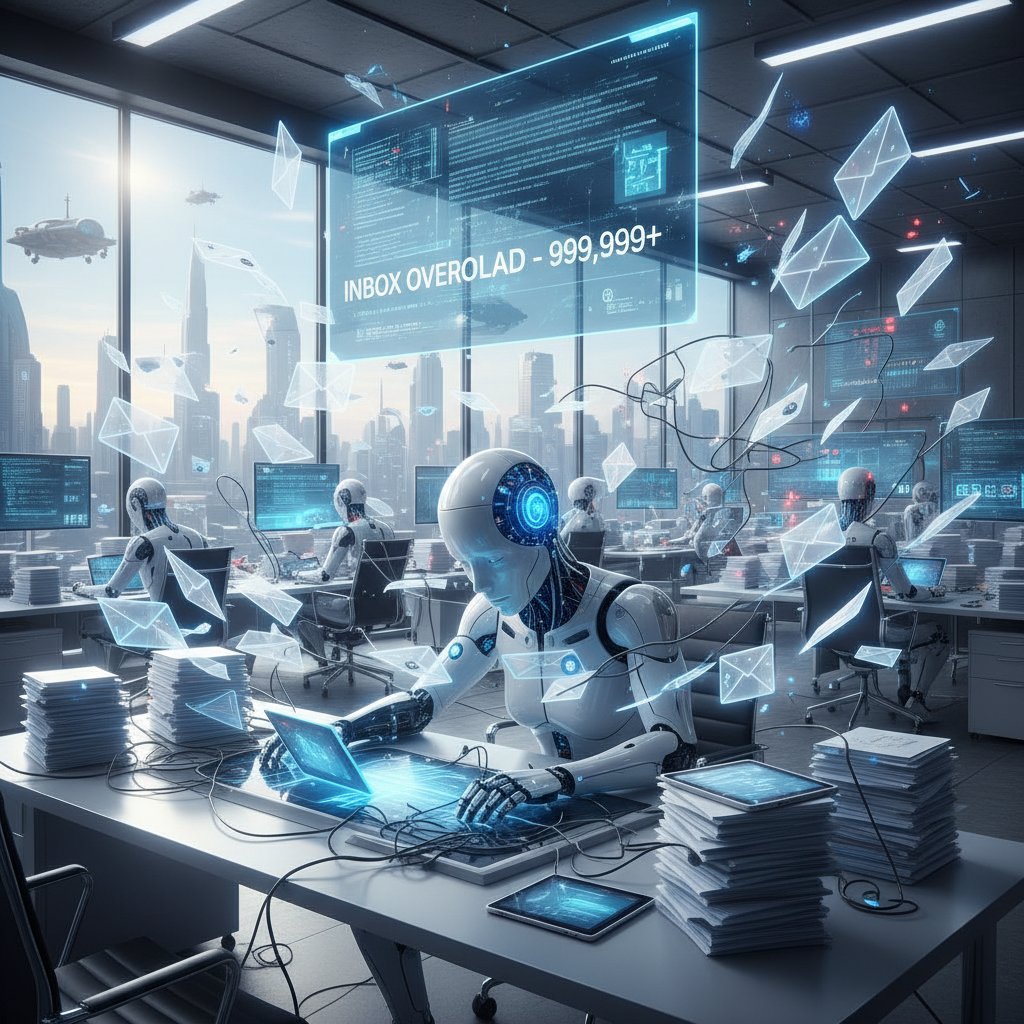 Wirtualny pracownik AI przy biurku, przetwarzający stosy maili, nowoczesne biuro, napięcie i technologia