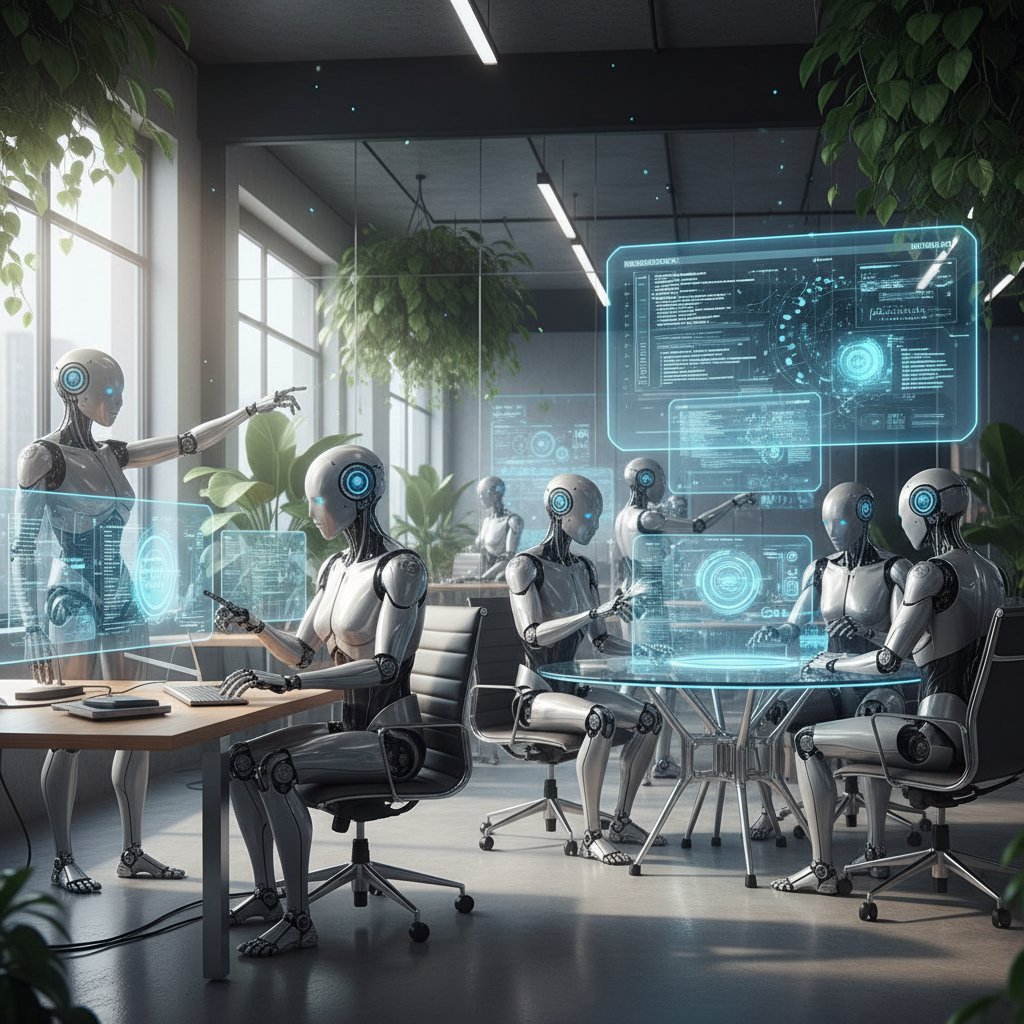 Wirtualny pracownik AI przy komputerze w nowoczesnym biurze, współpracujący z ludźmi