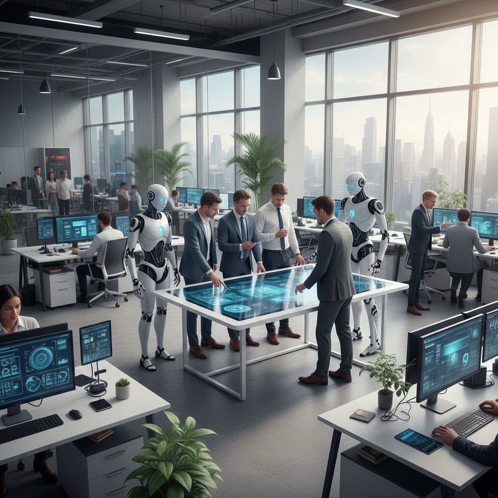 Wirtualni pracownicy AI współpracujący z ludźmi w przestrzeni biurowej