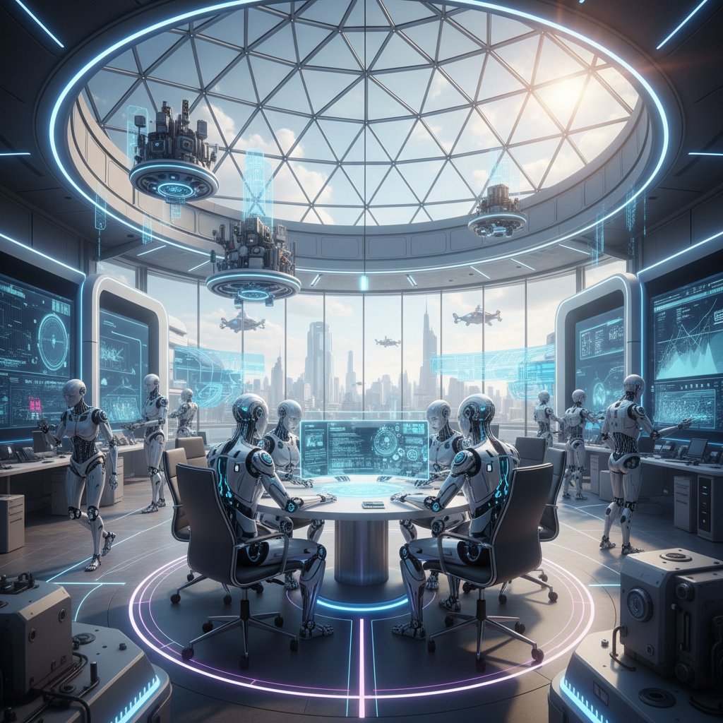 Zespół wirtualnych pracowników AI przy pracy w dynamicznym środowisku biurowym