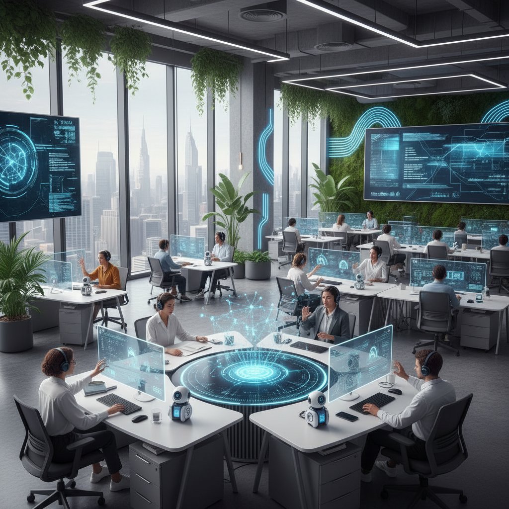 Zespół ludzi i AI pracujących razem w nowoczesnym biurze