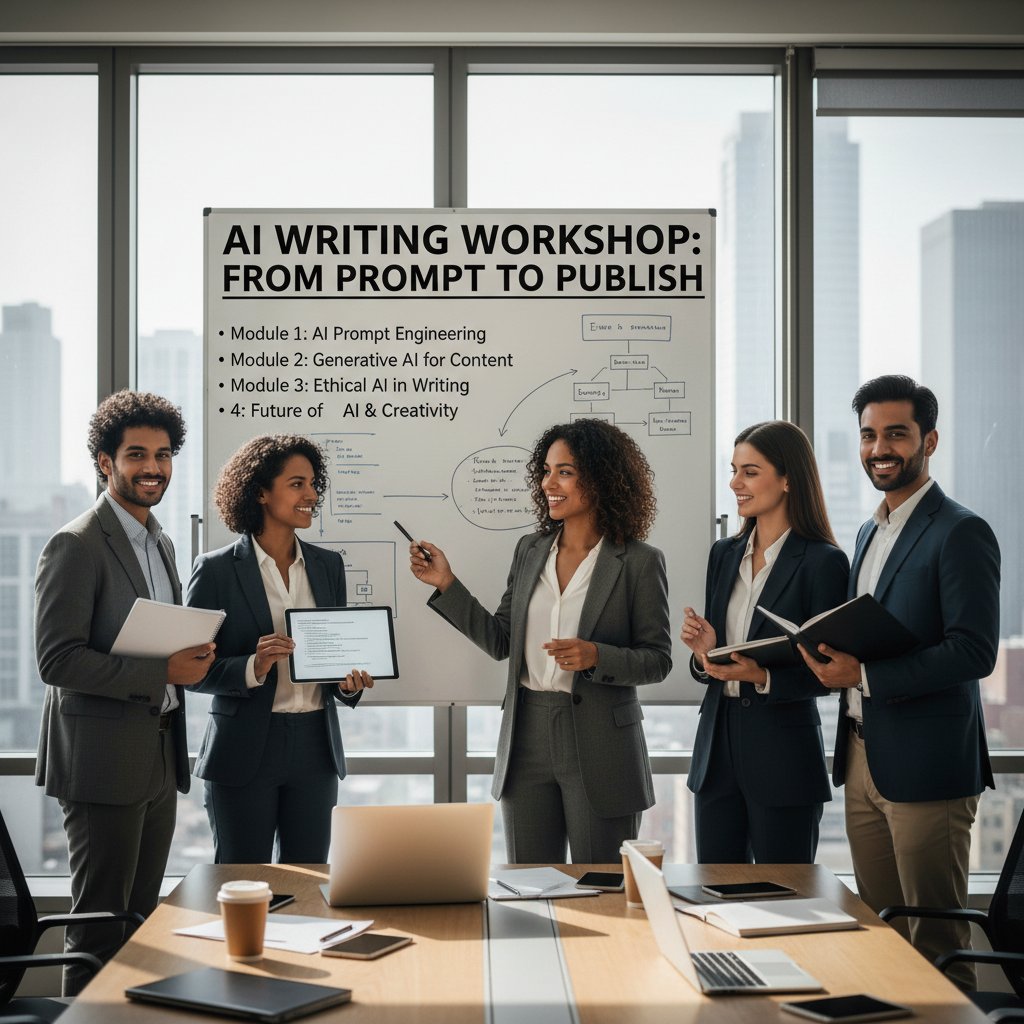 Fotografia instruktora prezentującego narzędzia AI grupie podczas warsztatów felietonowych