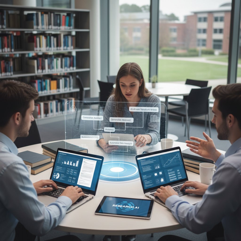 Academic writer collaborating with AI interface on research paper