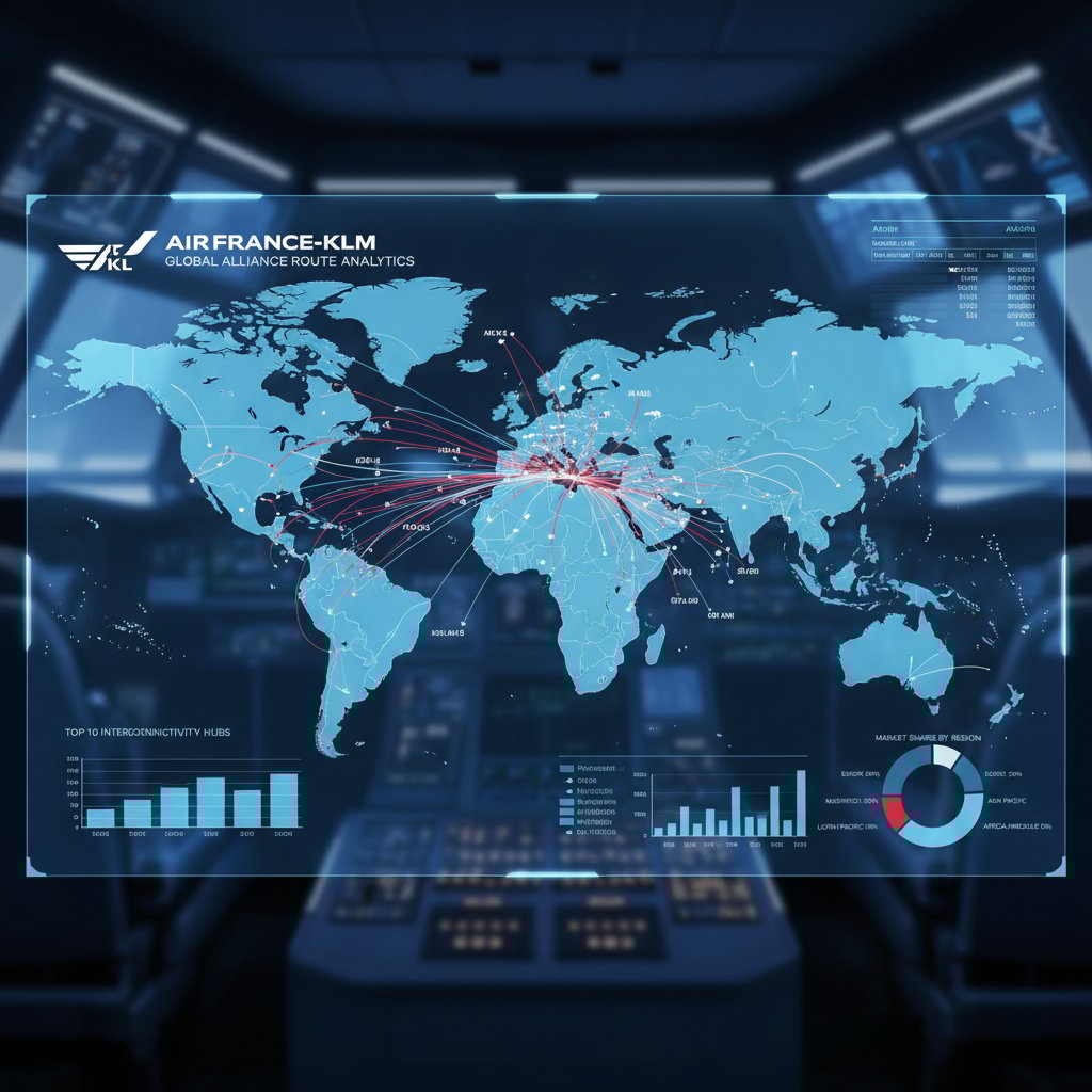 Global alliance map overlay showing Air France, Delta, KLM routes, infographic style, analytical travel visual