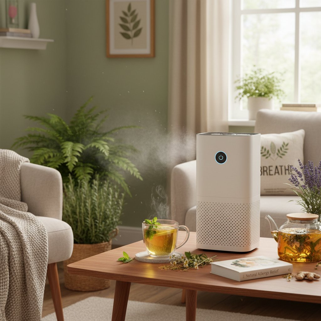 Osoba korzystająca z oczyszczacza powietrza i przygotowująca napar ziołowy, domowe wnętrze