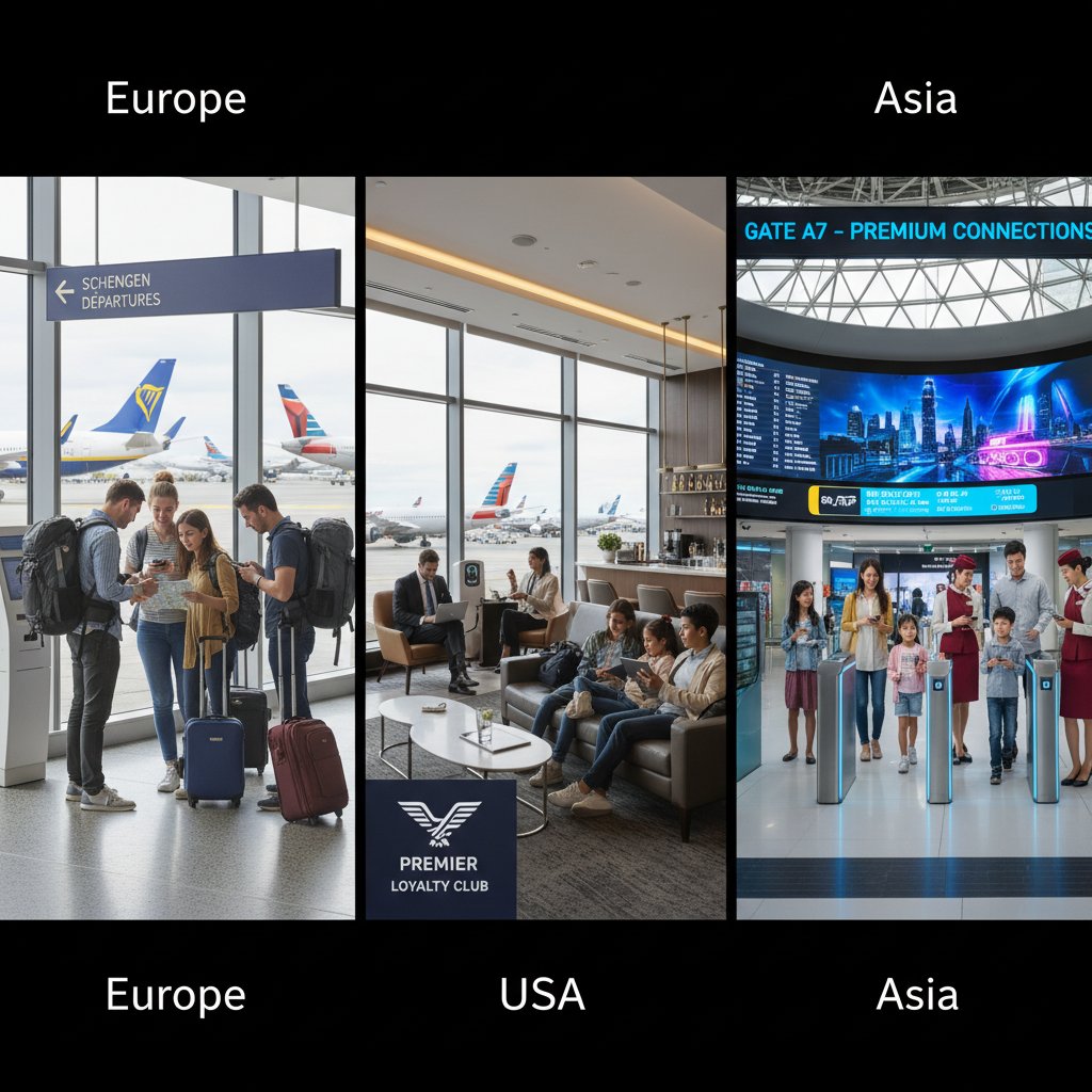 Zestawienie ludzi podróżujących samolotami w Europie, USA i Azji – symbol różnic w ochronie praw pasażera