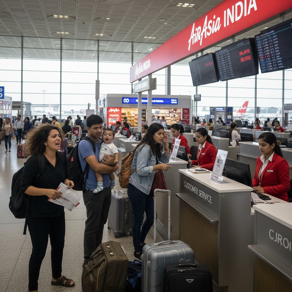 Stressed AirAsia India travelers dealing with customer service at airport