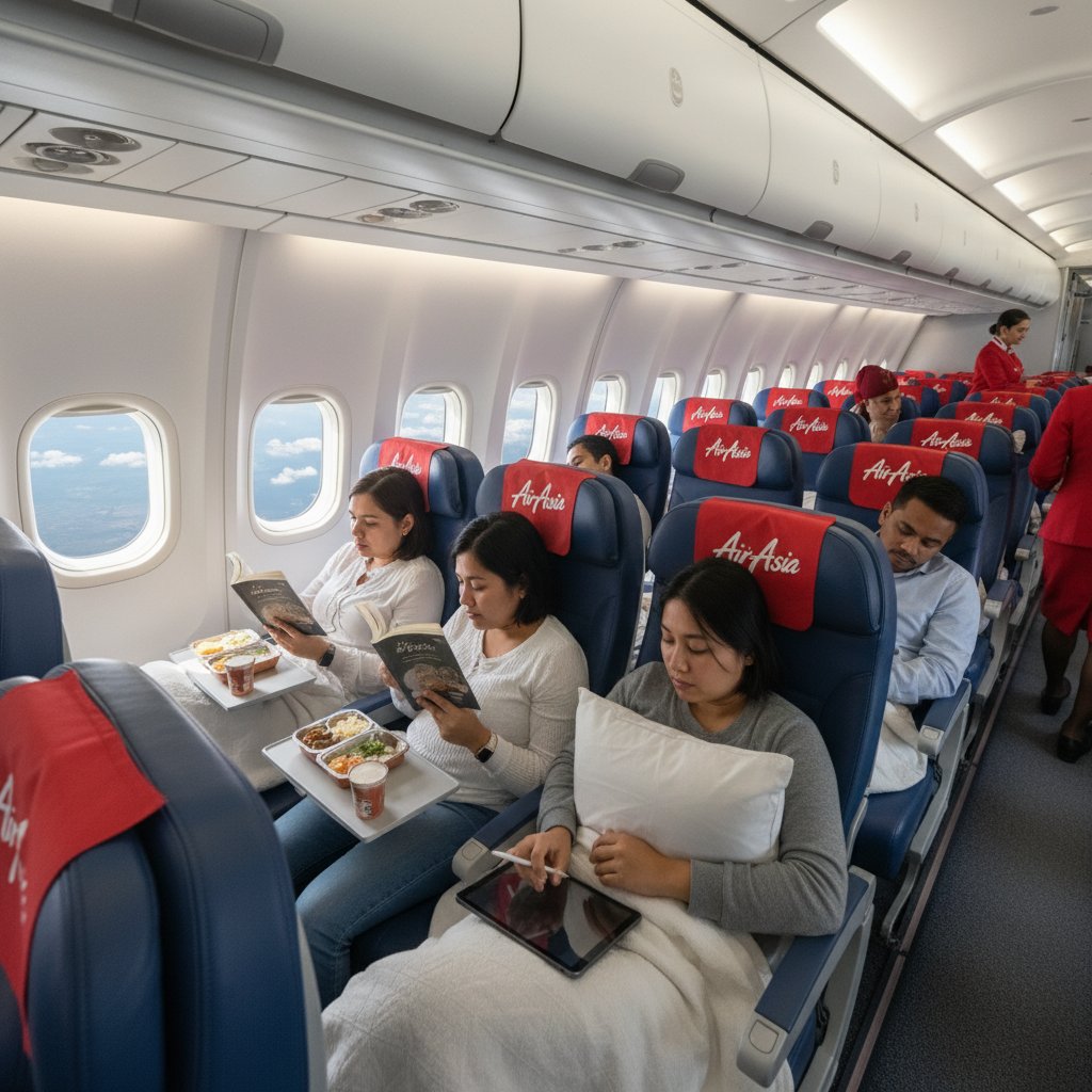 AirAsia India economy cabin with passengers eating, reading, and sleeping on a daytime flight