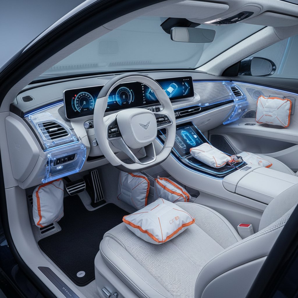 Airbags and safety tech inside a 2024 vehicle, showing advanced sensors and interior protections