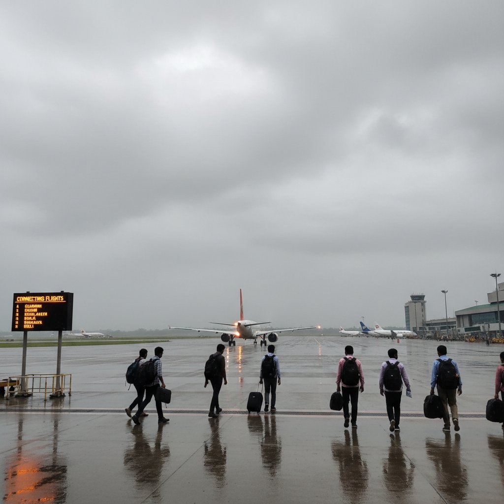 Aircraft taxiing at Dibrugarh Airport, connecting flights, overcast sky, travelers deciding routes