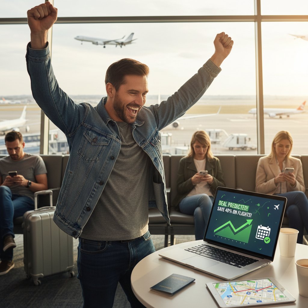 Traveler celebrating successful airfare deal at airport, high-contrast lighting, suspenseful mood