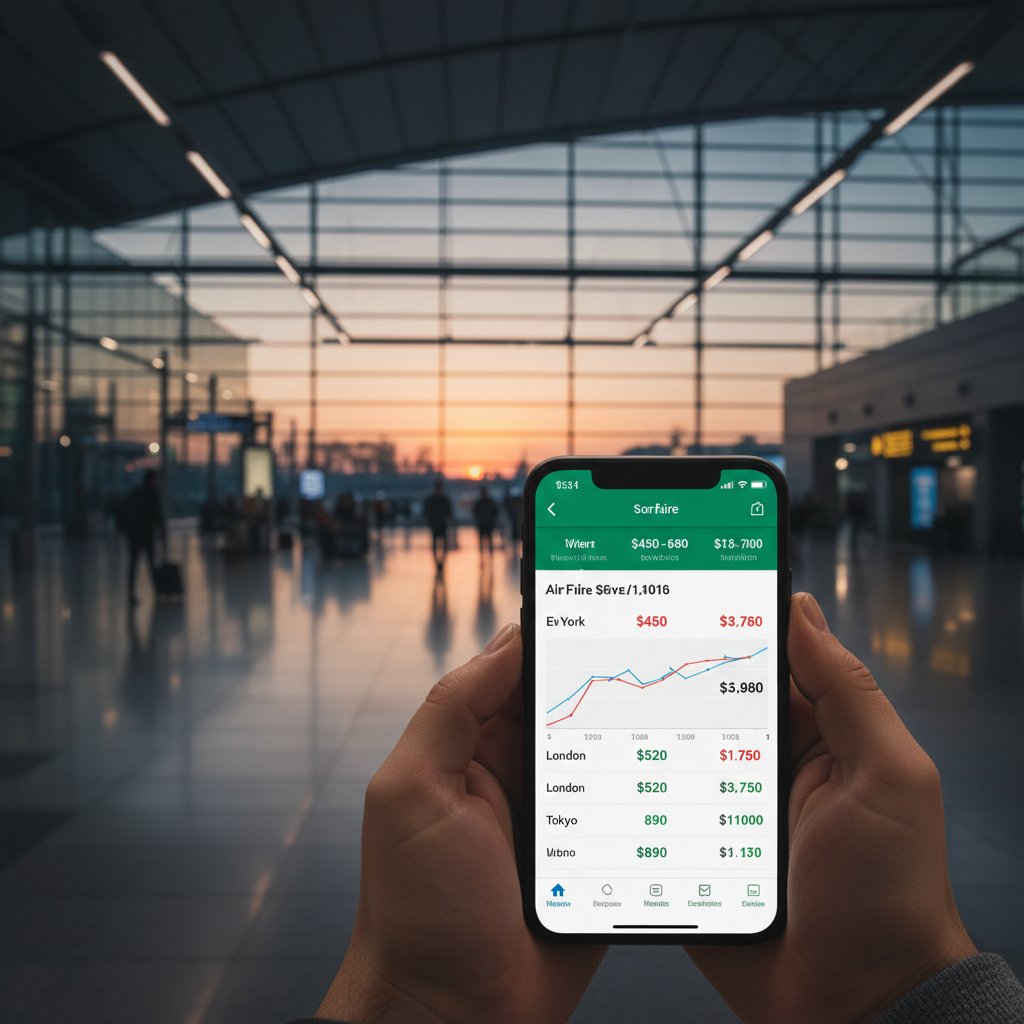 Airfare prices fluctuating on mobile device in airport