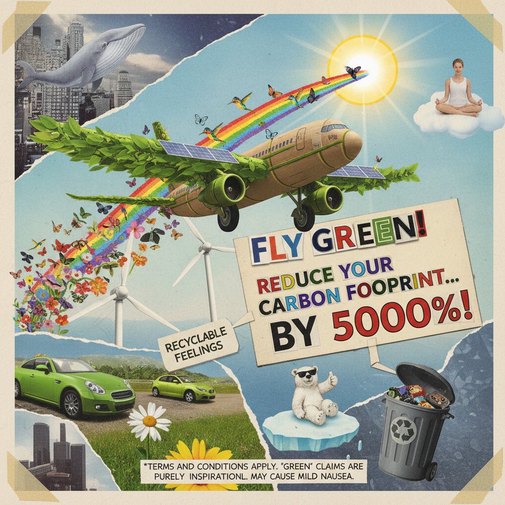 Airline advertisement overemphasizing eco-friendliness, collage of satirical green airline ads