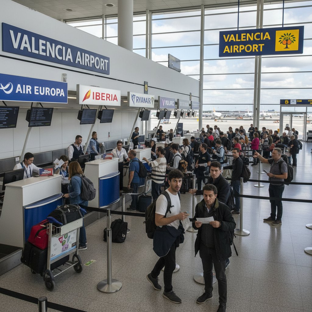 Photo of airline check-in counters, multiple logos, passengers confused by signage