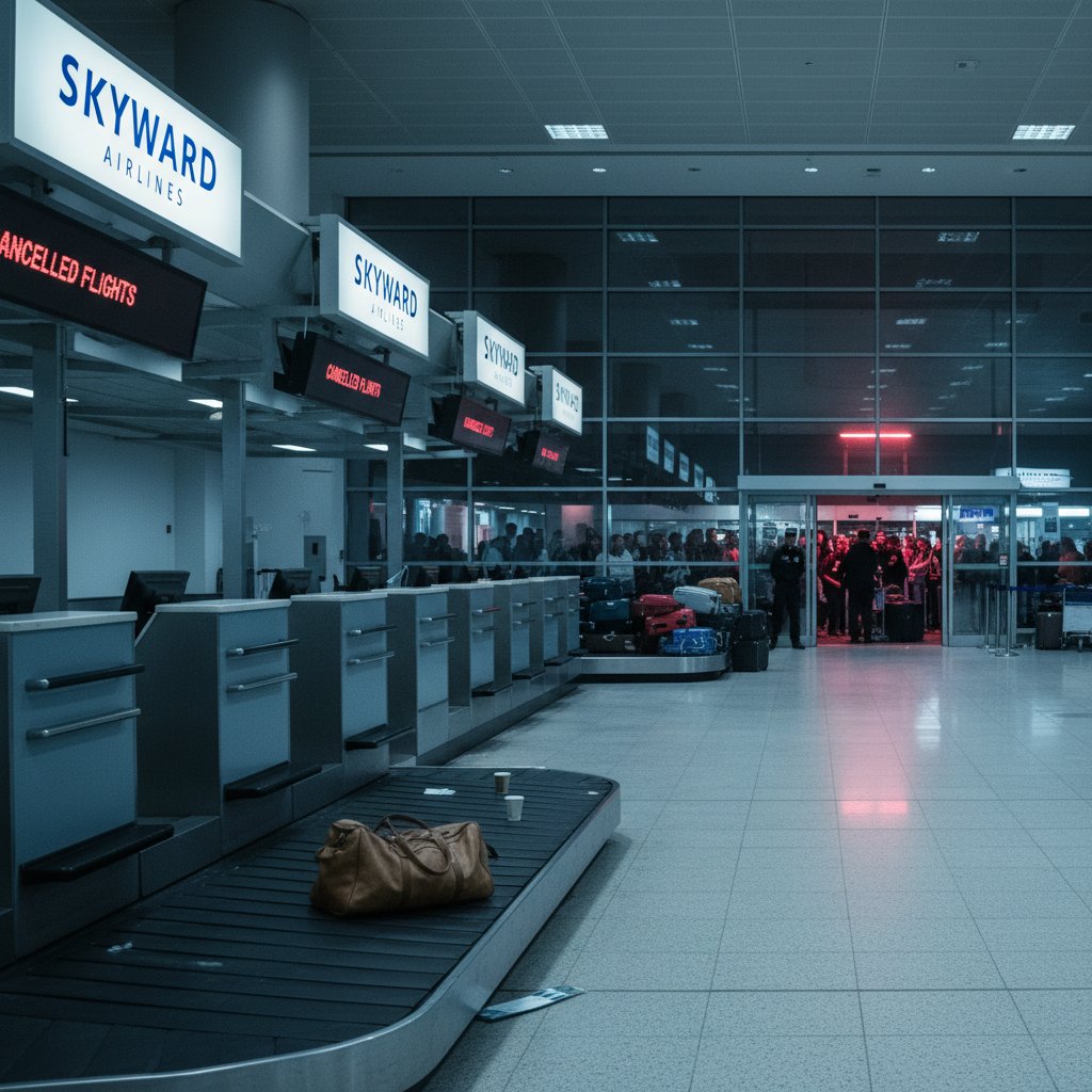 Stanowiska odprawy różnych linii lotniczych, tłumy i pustki widoczne na zdjęciu lotniska, atmosfera napięcia i oczekiwania