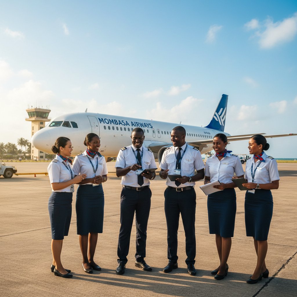 Załoga linii lotniczych obsługujących loty do Mombasy na tle samolotu