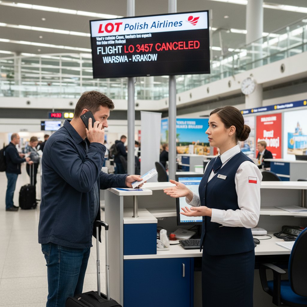 Pracownik linii lotniczej rozmawiający z pasażerem o anulowanym locie – ilustracja negocjacji, Polska, 2024