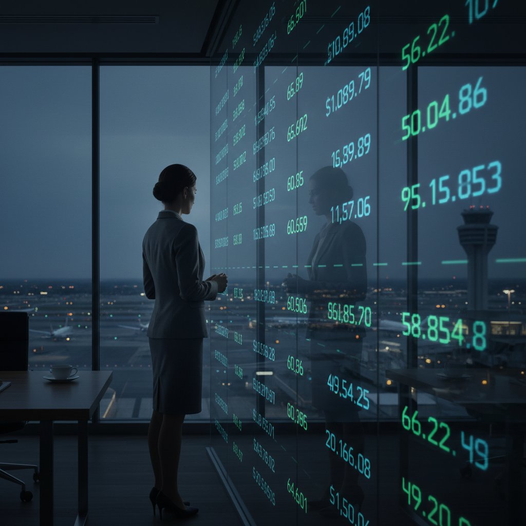 Editorial photo of secretive airline executive behind a glass wall with reflected flight prices, symbolic of fare prediction for savings secrecy