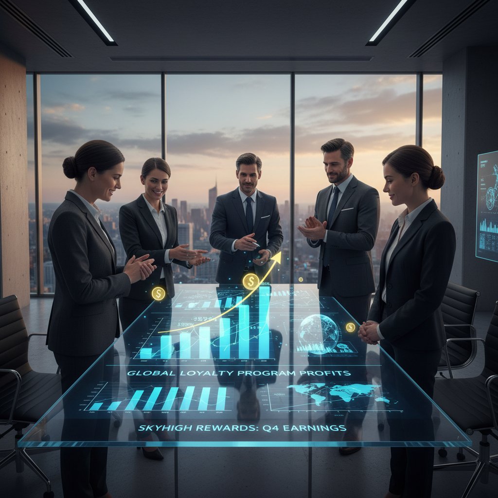 Airline executives reviewing loyalty program profits, graphs on screen, gold member flights