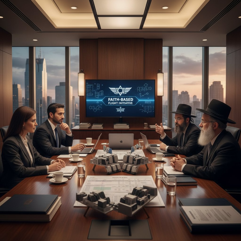 Airline executives negotiating with synagogue leaders, visible travel contracts