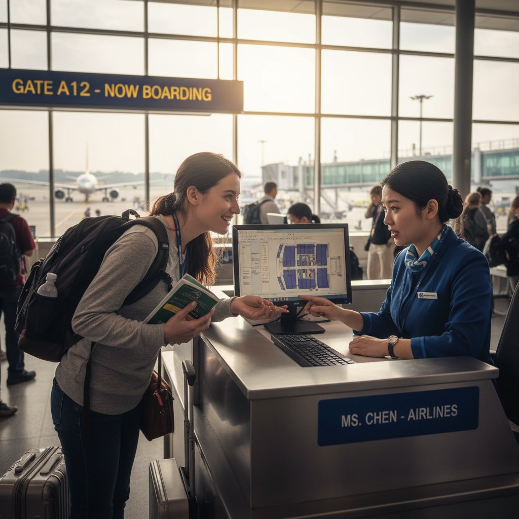 Hopeful traveler negotiates with a gate agent for a window seat, capturing the emotional stakes of window seat flights
