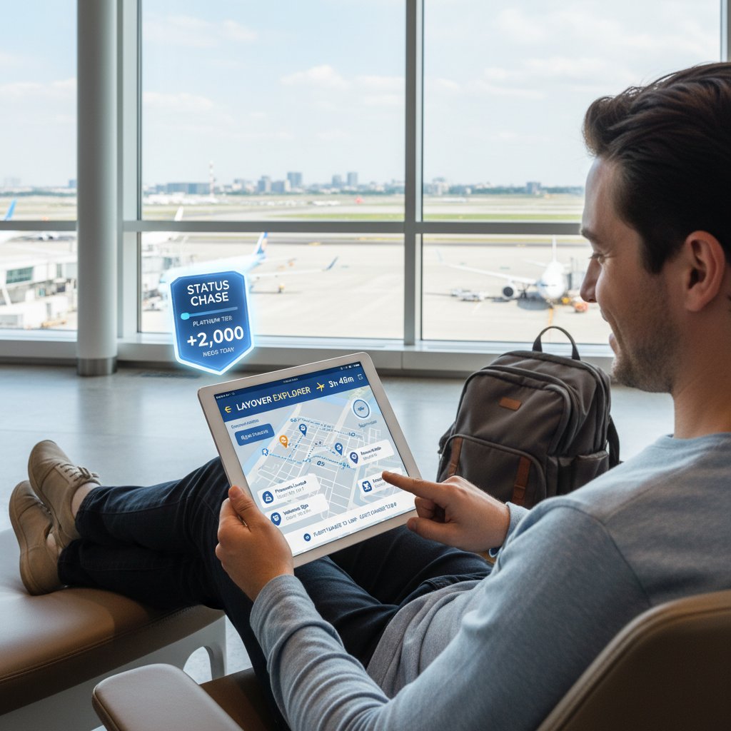 Traveler checking mileage app on phone during airport layover, strategizing for elite status