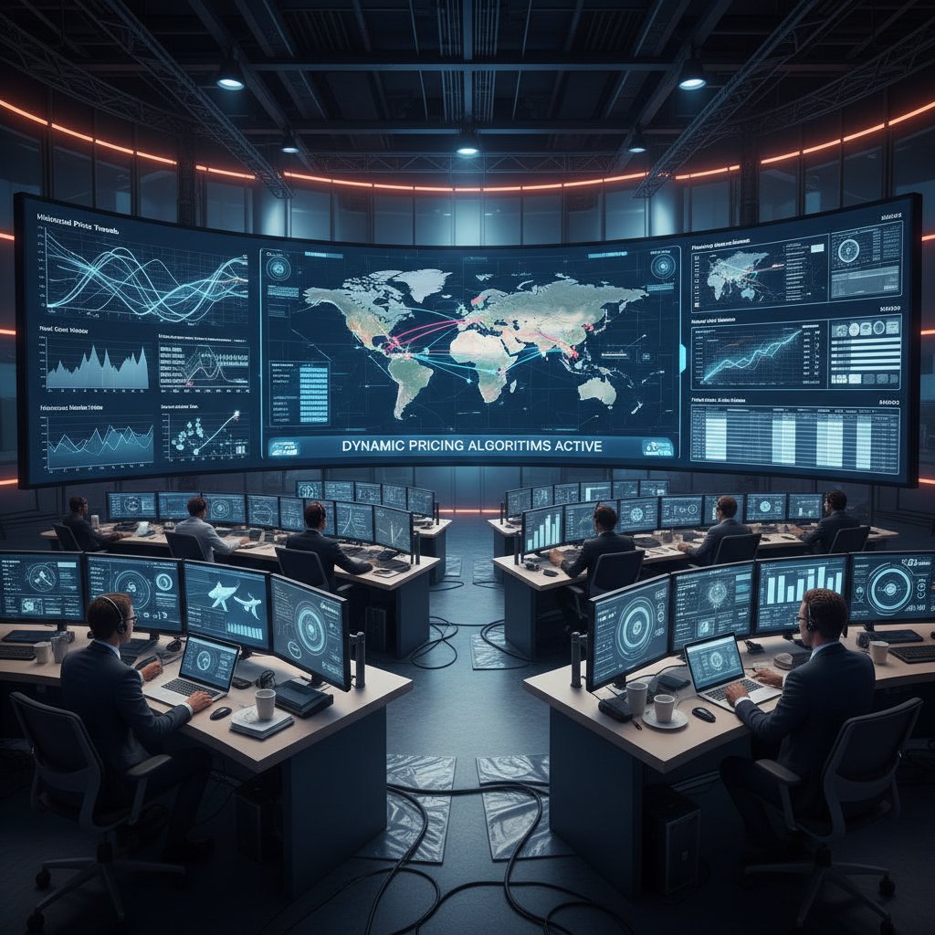 Airline operations room, screens with code and pricing models, tense mood