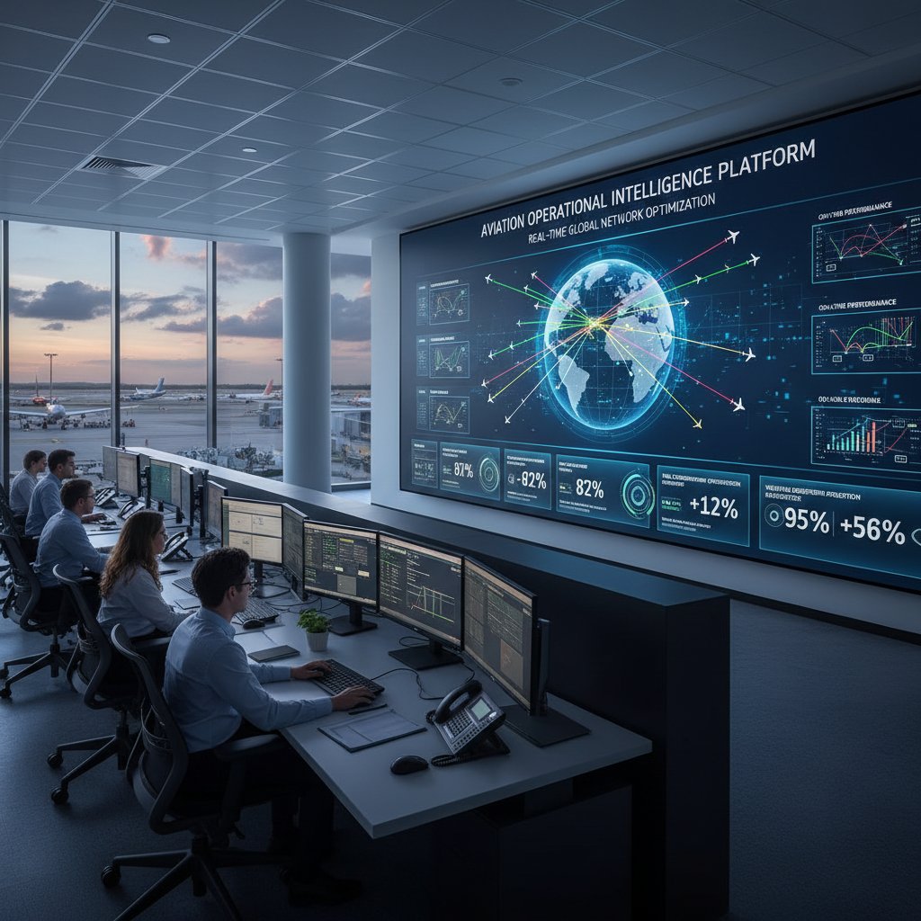 Airline operations team monitoring AI dashboard for real-time efficiency, aviation operational upgrade
