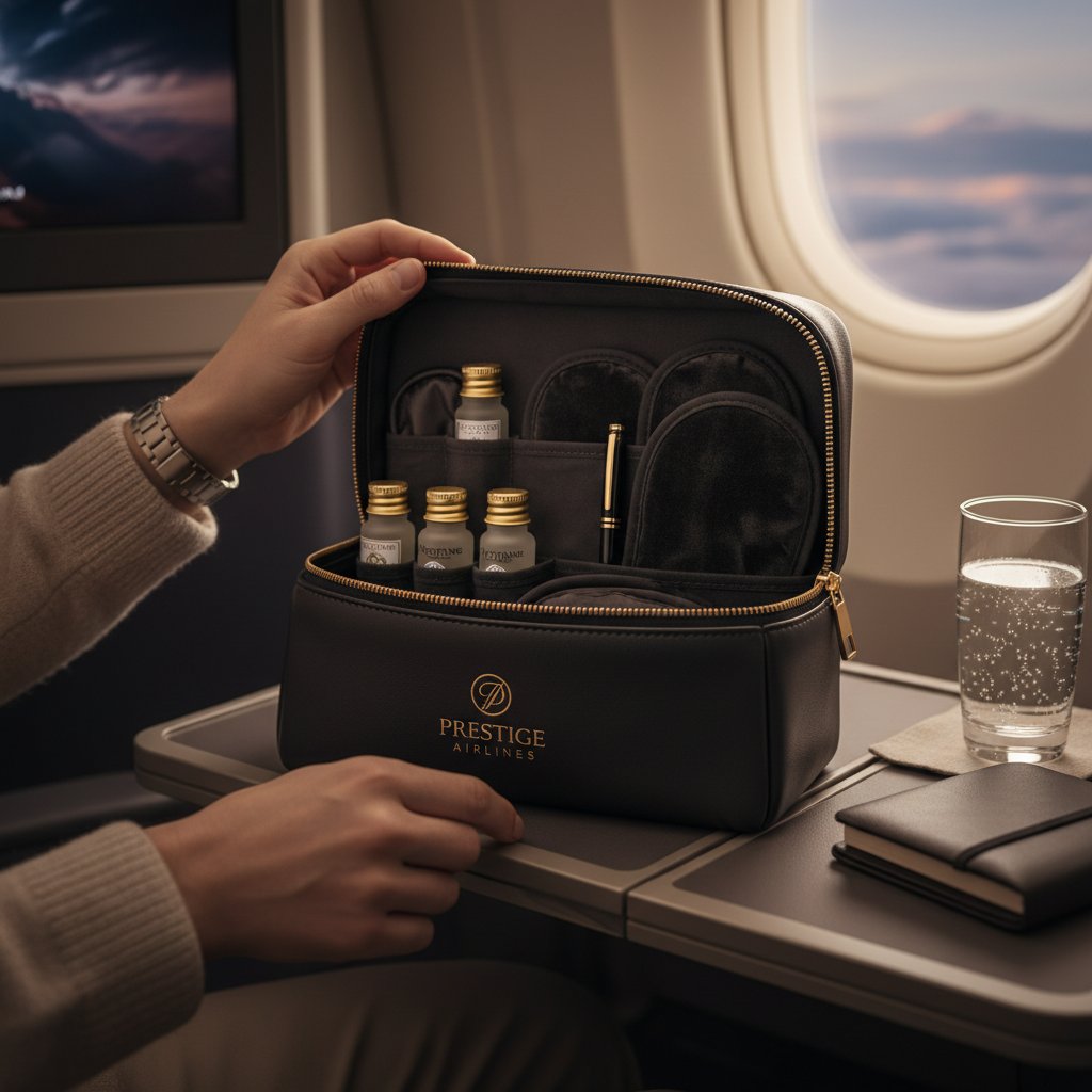 Pasażer pokazujący ekskluzywny amenity kit, prestiż i emocje związane z luksusem podróży samolotem
