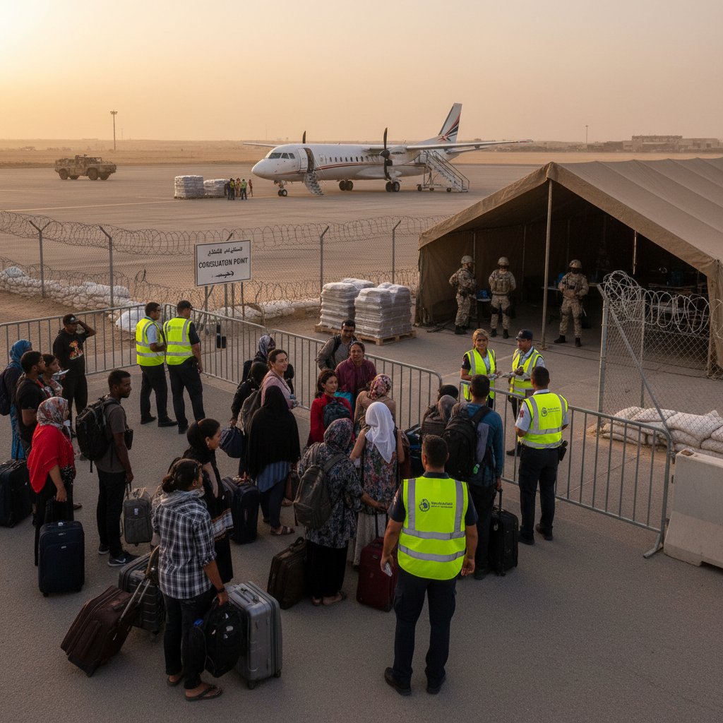 Airline staff greeting consulate evacuees at airport, border agents in background