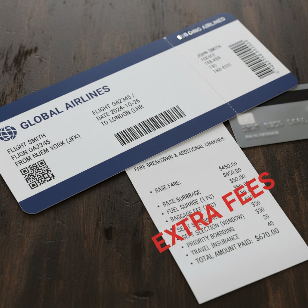 Bilet lotniczy z widocznymi ukrytymi opłatami – cała gama różnych kosztów podkreślona na zdjęciu