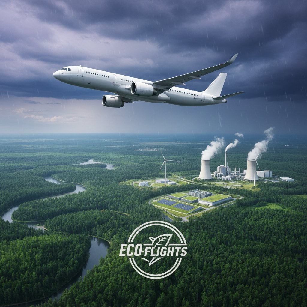 Airplane flying over forest and industry with moody sky, symbolizing eco-conflict and flight shame