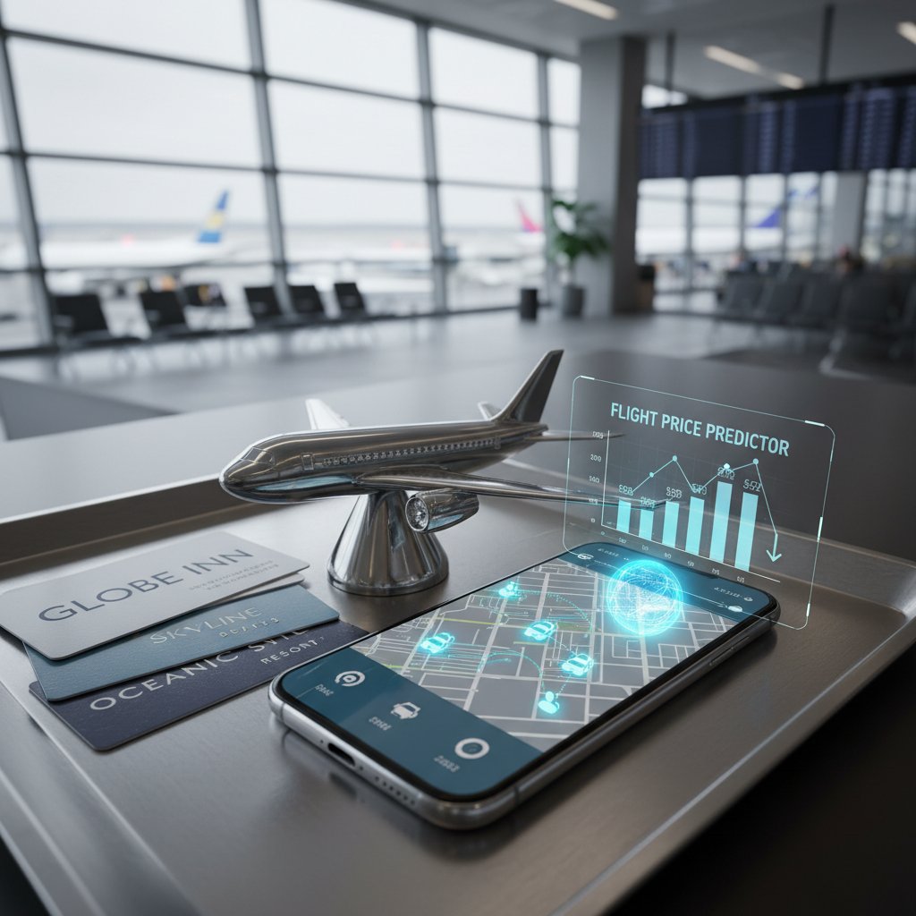 Photo collage of airplane, hotel keys, and rideshare icons, futuristic vibe, predictive travel tech