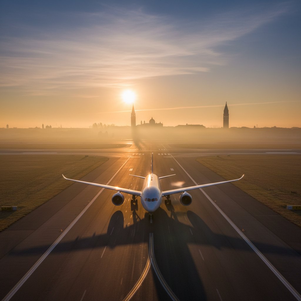 Samolot startujący o świcie, widok na Wenecję we mgle, pusta płyta lotniska