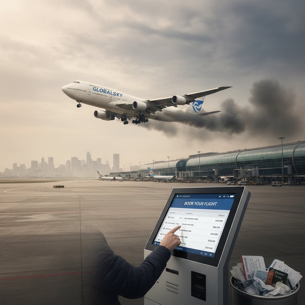 Samolot startuje, widok z lotniska z zanieczyszczonym powietrzem w tle