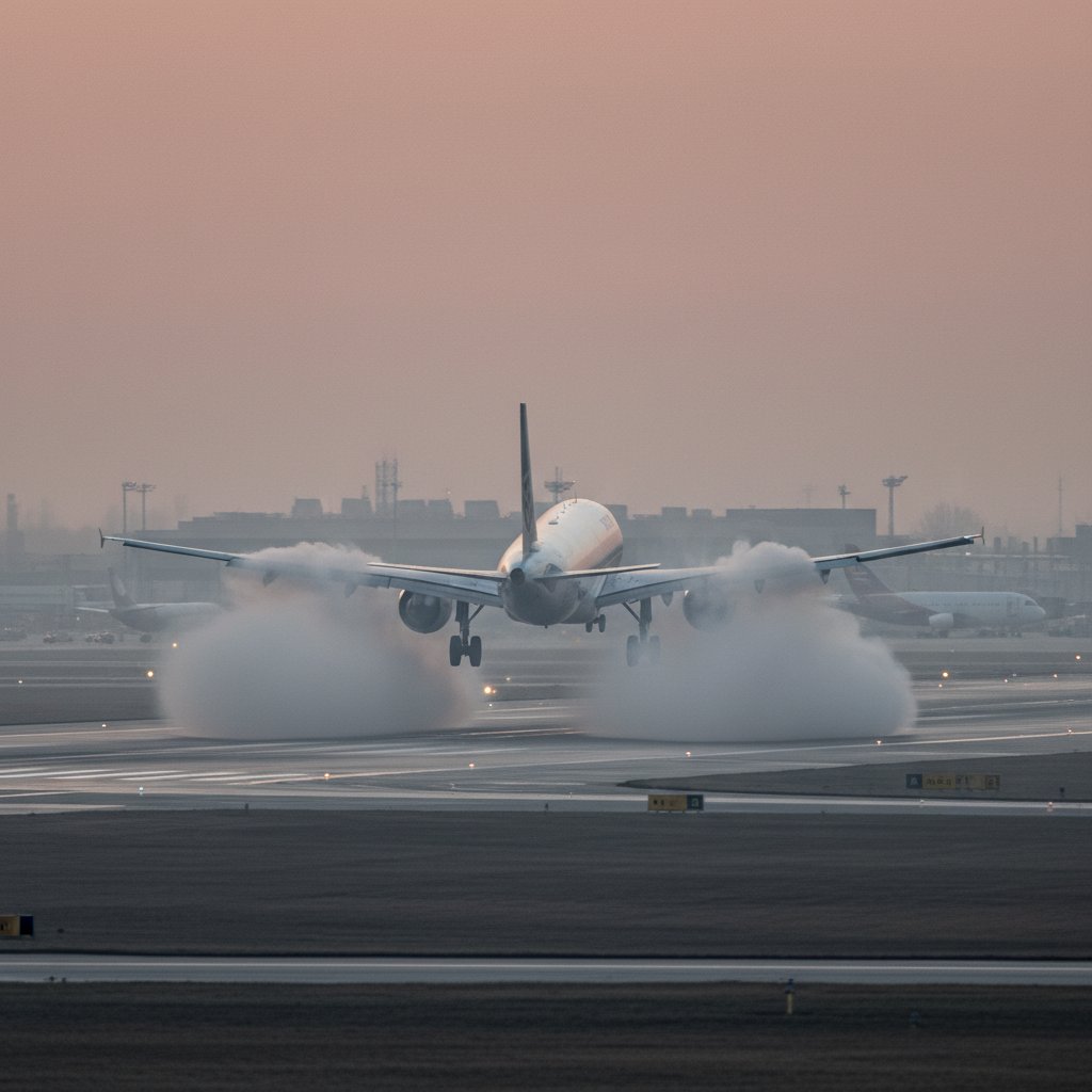 Samolot startujący o świcie, widoczna gęsta mgła i unoszące się spaliny
