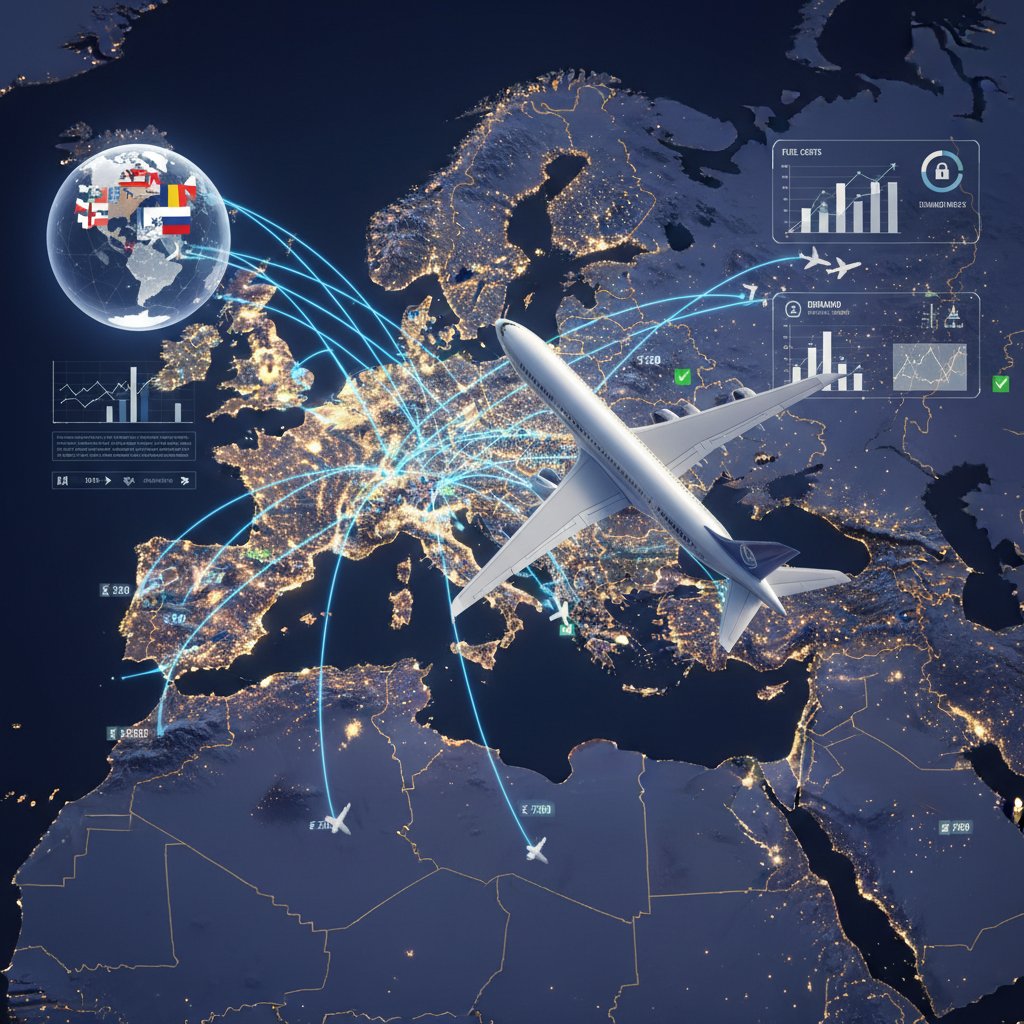 Samolot nad mapą Europy, zaznaczone główne kierunki, słowa kluczowe: geopolityka, loty, trendy cenowe