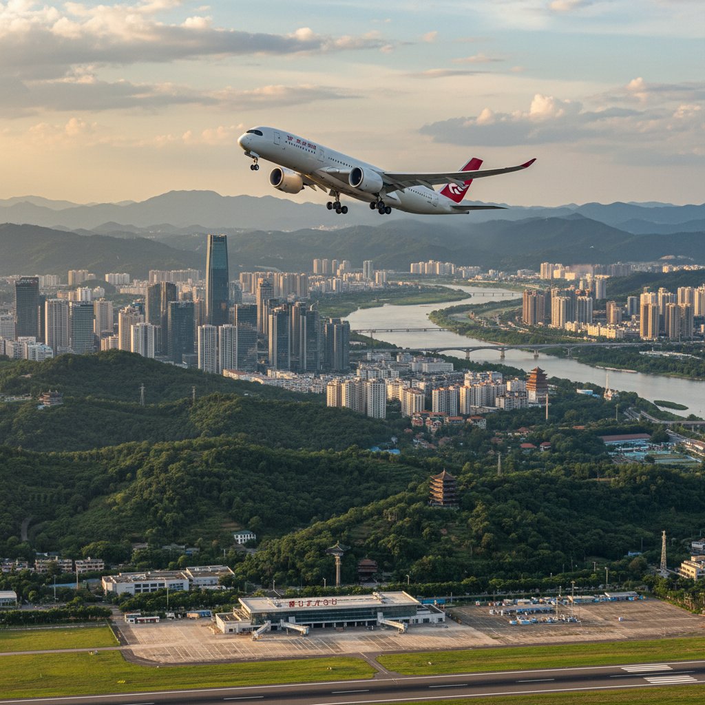Airplane taking off from Fuzhou with green city in background, highlighting environmental cost and eco-conscious travel