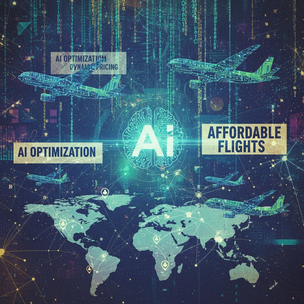 Dystopian digital collage of airplanes and algorithm code, illustrating the looming impact of AI on affordable flights for budget travelers