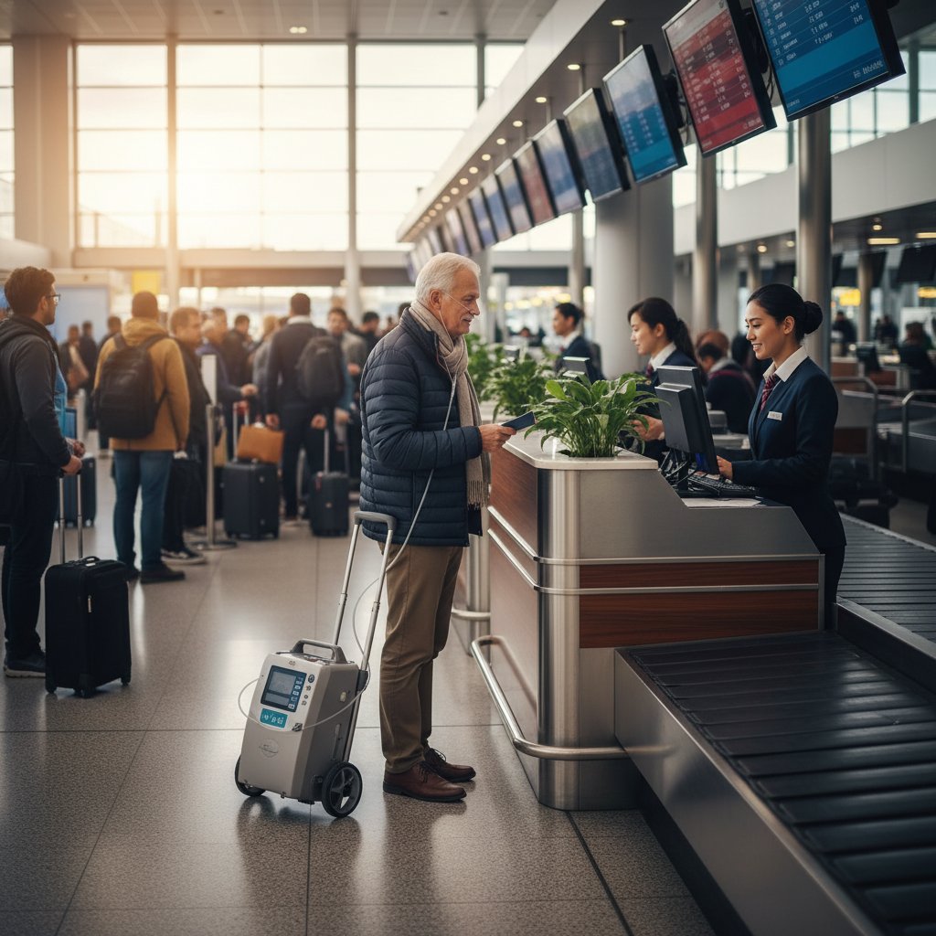 Podróżny z tlenem podczas odprawy biletowej na lotnisku