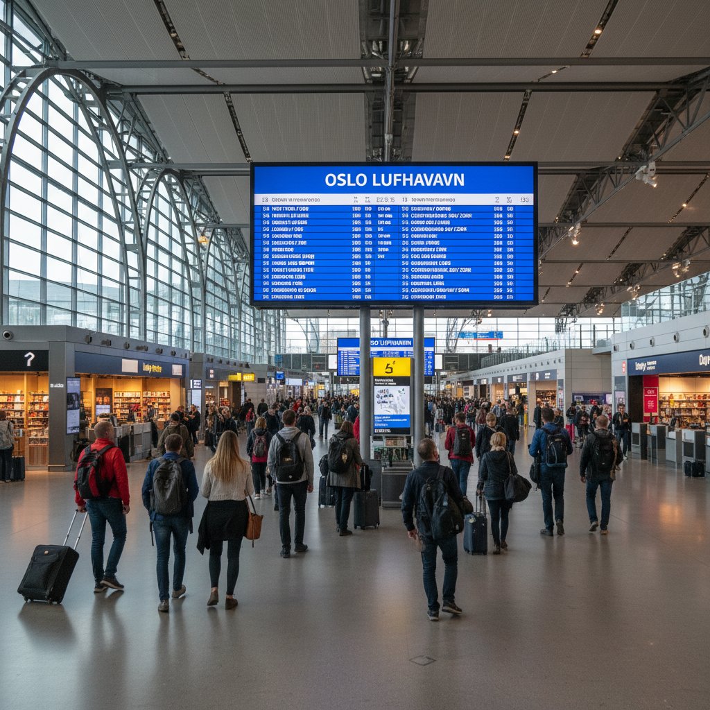 Tłum podróżnych na polskim lotnisku czekających na lot do Oslo
