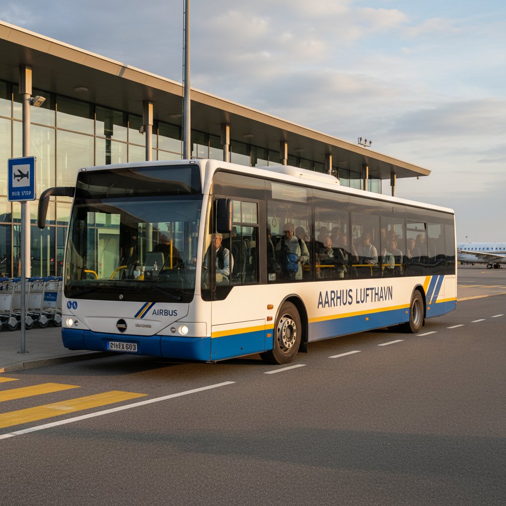 Autobus lotniskowy i podróżni przed terminalem lotniska Aarhus