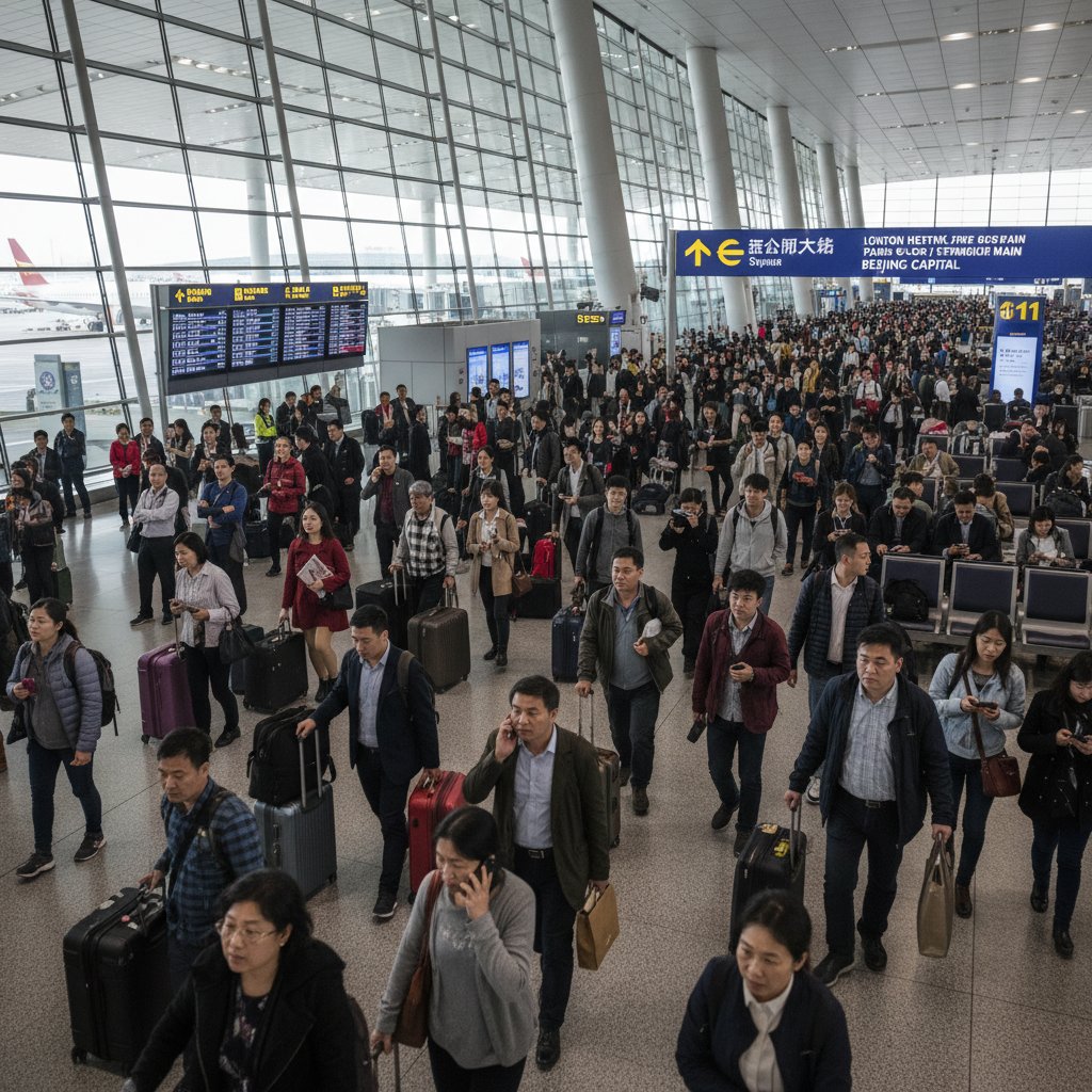 Tłum podróżnych w hali odlotów, zamieszanie i stres, scena z międzynarodowego lotniska, loty do Chin